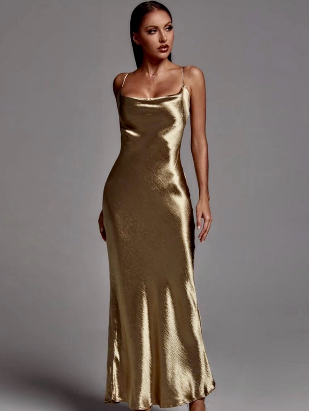 Metallic Gold Satin Cowl Maxi Dress